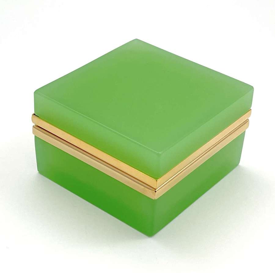 Antique Murano Square Green Opaline Glass Casket Box