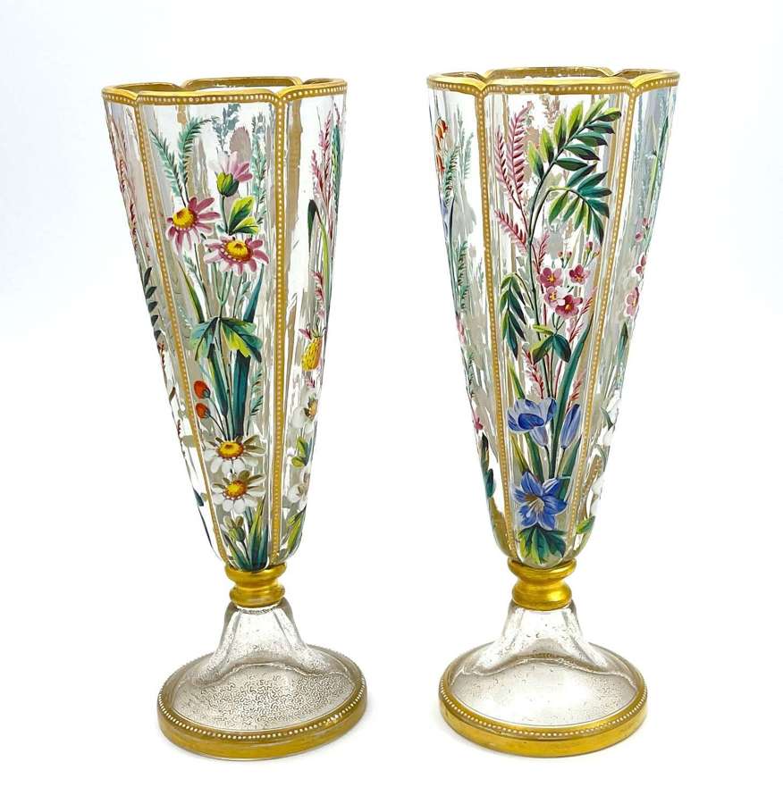 Pair of Exceptional Antique MOSER Quatrefoil Vases with Flowers