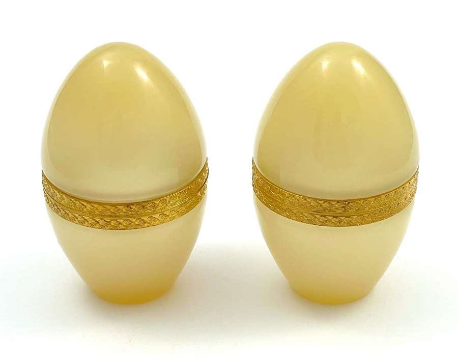 A Pair Antique Murano Apricot Opaline Glass Egg Shaped Casket Boxes