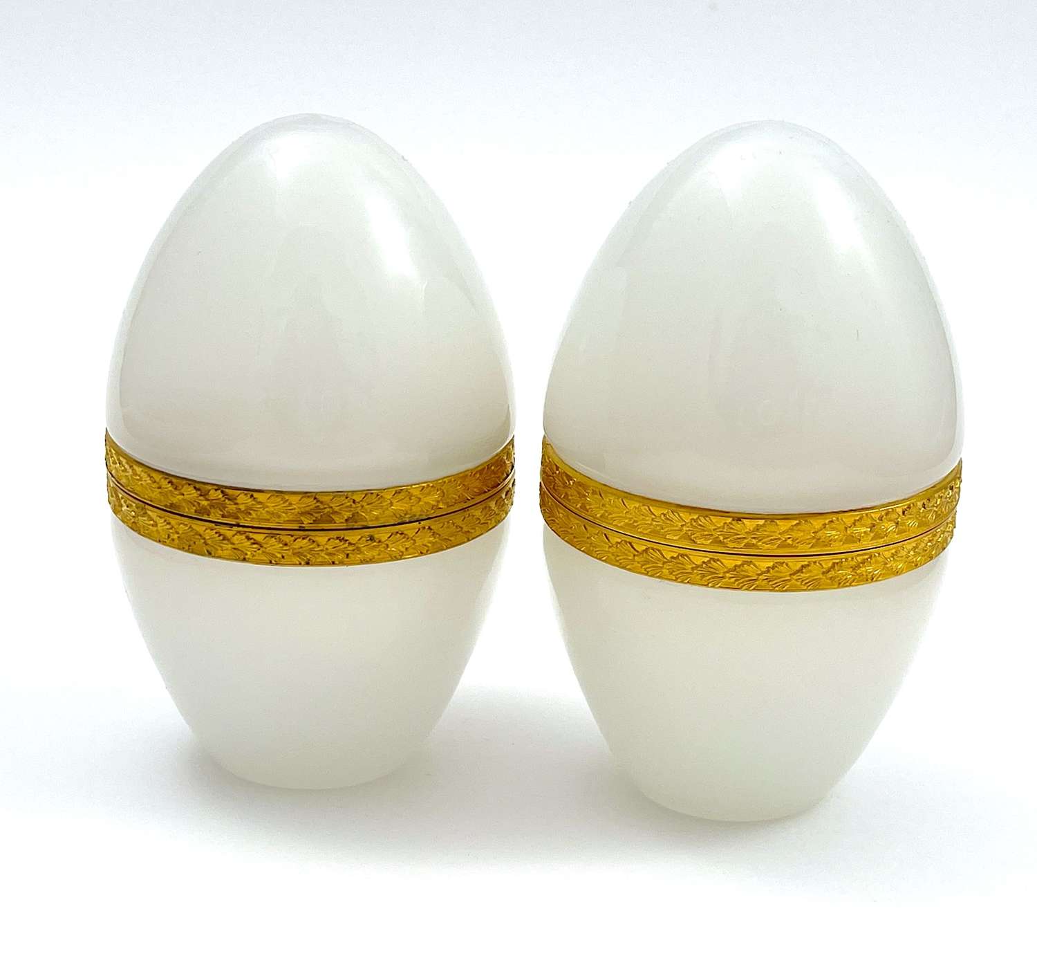 A Pair Antique Murano White Opaline Glass Egg Shaped Casket Boxes