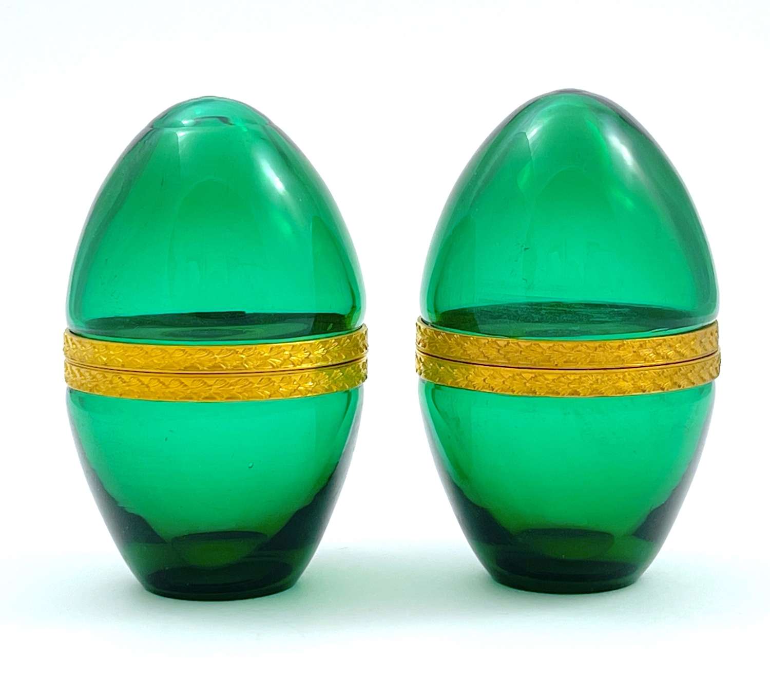 A Pair Antique Murano Green Glass Egg Casket Boxes