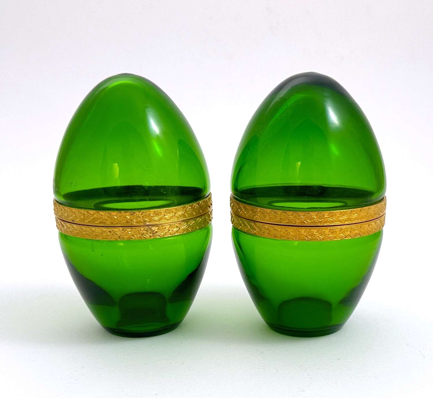 A Pair Antique Murano Clear Green Glass Egg Shaped Casket Boxes