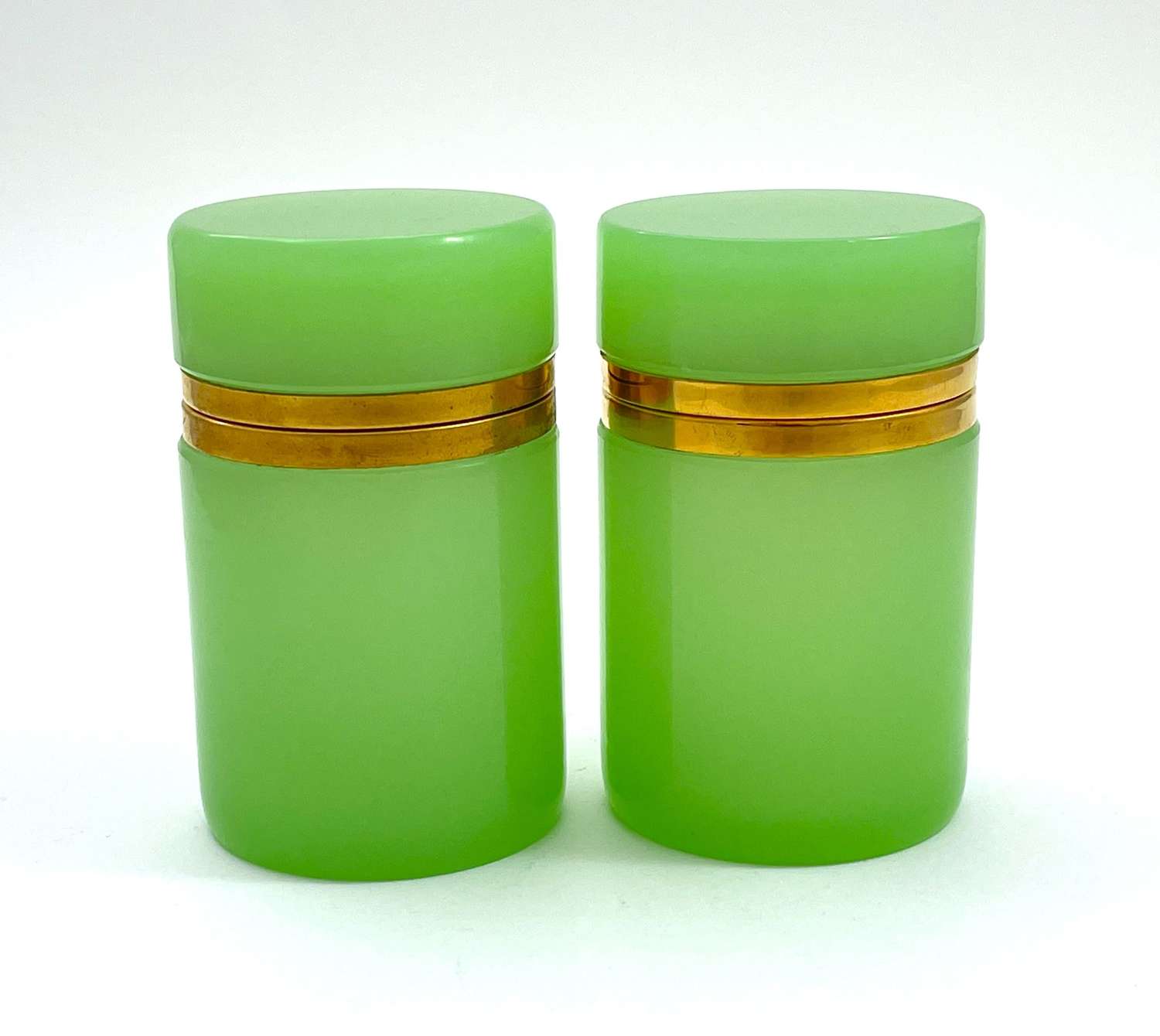 Pair of Antique Green Opaline Glass Cylindrical Caskets