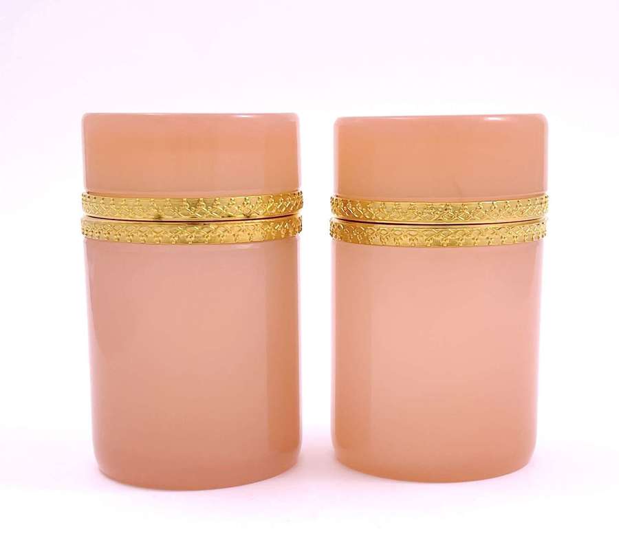 Pair of Antique Pink Opaline Glass Cylindrical Caskets