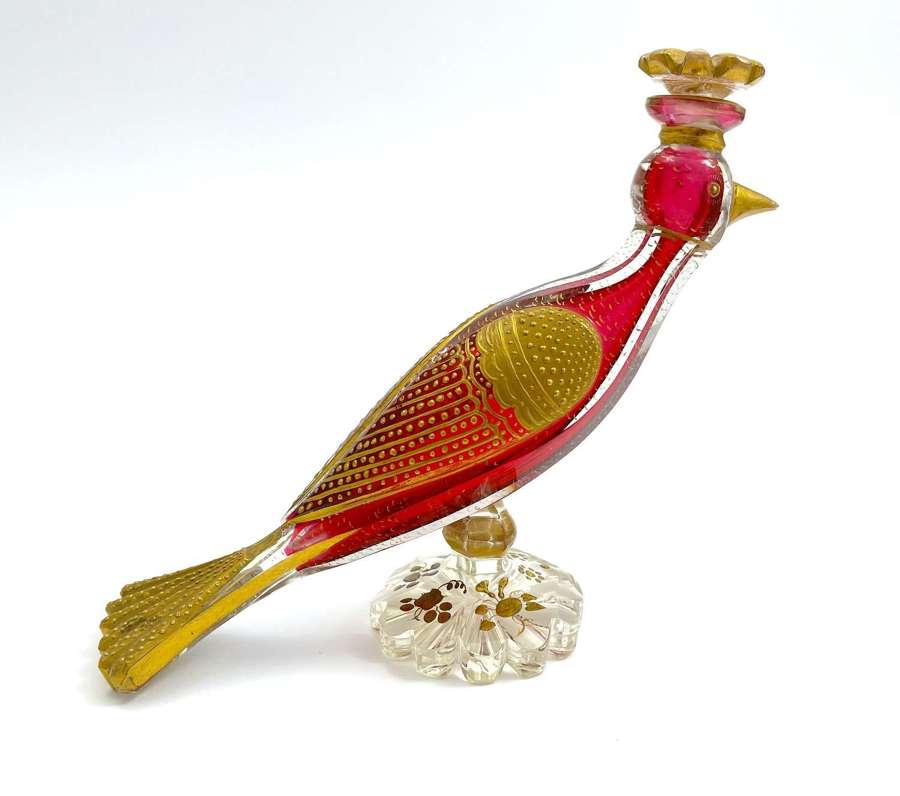 Rare Antique Bohemian Cranberry Glass Perfume Bottle Shaped as a Bird