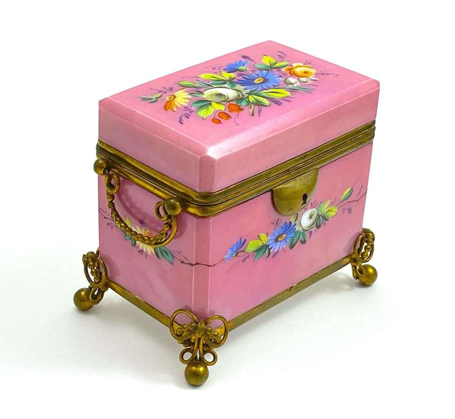 Antique French Pink Opaline Casket Box Decorated with Flowers