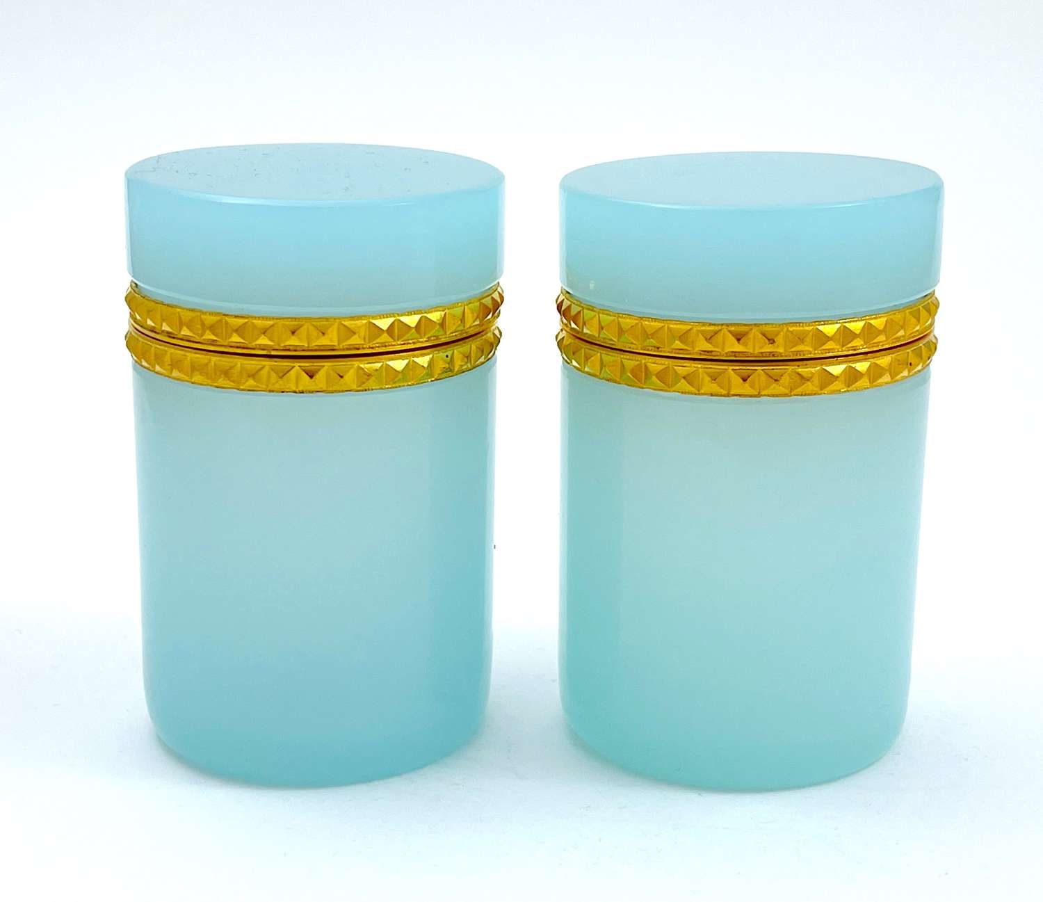 Pair of Antique Pale Blue Opaline Glass Cylindrical Caskets