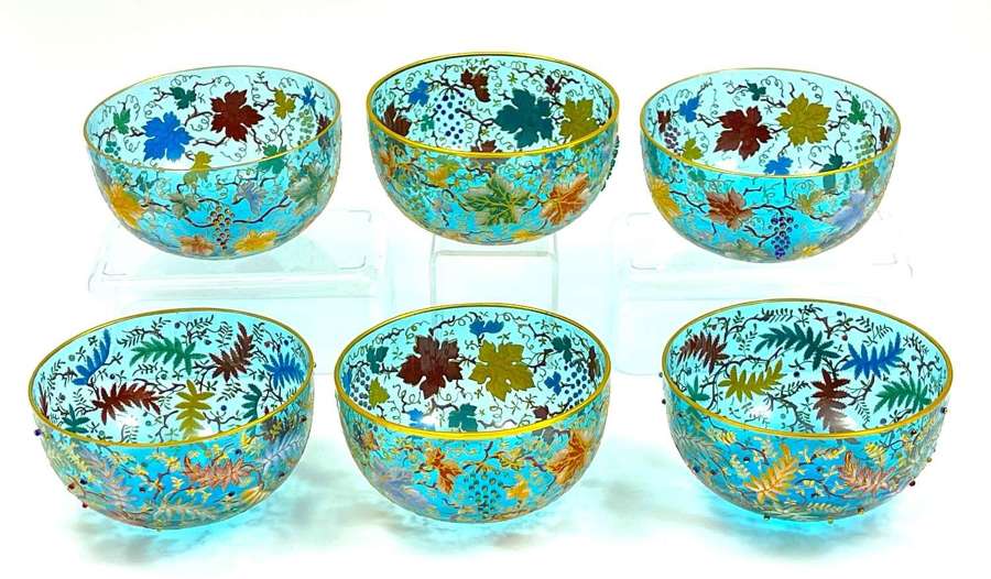 Set of 6 Antique MOSER Turquoise Glass Bowls with Vine and Fern Leaves