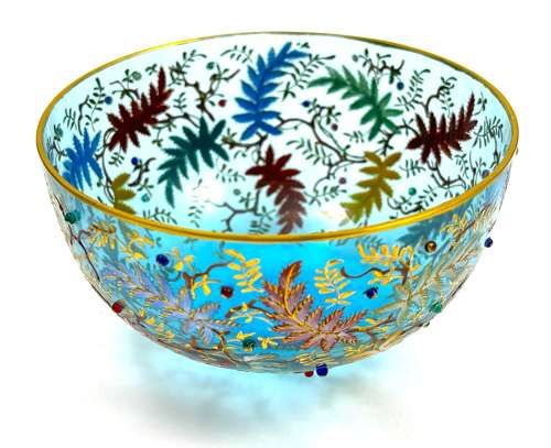 Set of 6 Antique MOSER Turquoise Glass Bowls with Vine and Fern Leaves