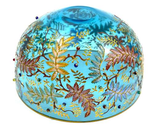 Set of 6 Antique MOSER Turquoise Glass Bowls with Vine and Fern Leaves