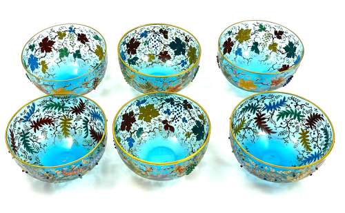 Set of 6 Antique MOSER Turquoise Glass Bowls with Vine and Fern Leaves