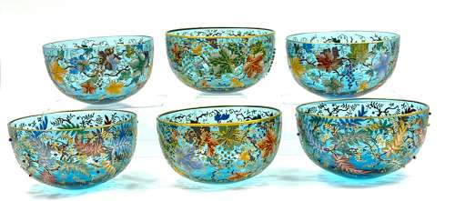 Set of 6 Antique MOSER Turquoise Glass Bowls with Vine and Fern Leaves