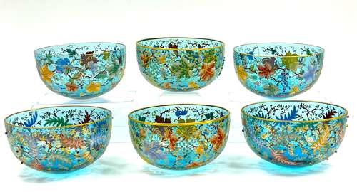 Set of 6 Antique MOSER Turquoise Glass Bowls with Vine and Fern Leaves