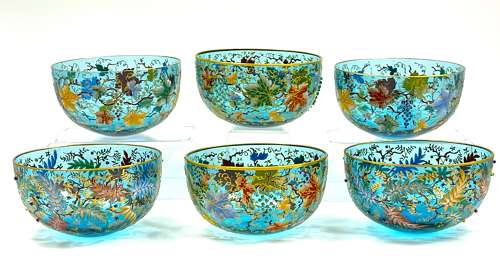 Set of 6 Antique MOSER Turquoise Glass Bowls with Vine and Fern Leaves