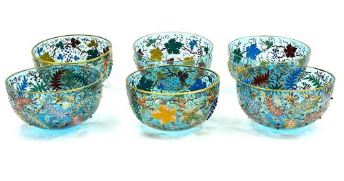 Set of 6 Antique MOSER Turquoise Glass Bowls with Vine and Fern Leaves
