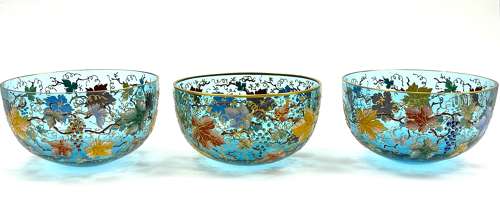 Set of 6 Antique MOSER Turquoise Glass Bowls with Vine and Fern Leaves