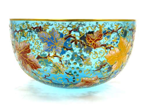 Set of 6 Antique MOSER Turquoise Glass Bowls with Vine and Fern Leaves