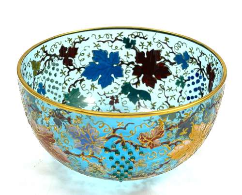 Set of 6 Antique MOSER Turquoise Glass Bowls with Vine and Fern Leaves