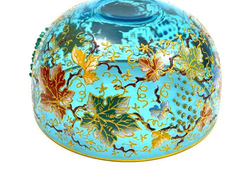 Set of 6 Antique MOSER Turquoise Glass Bowls with Vine and Fern Leaves