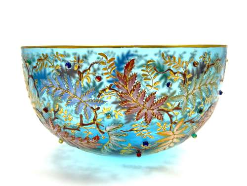 Set of 6 Antique MOSER Turquoise Glass Bowls with Vine and Fern Leaves
