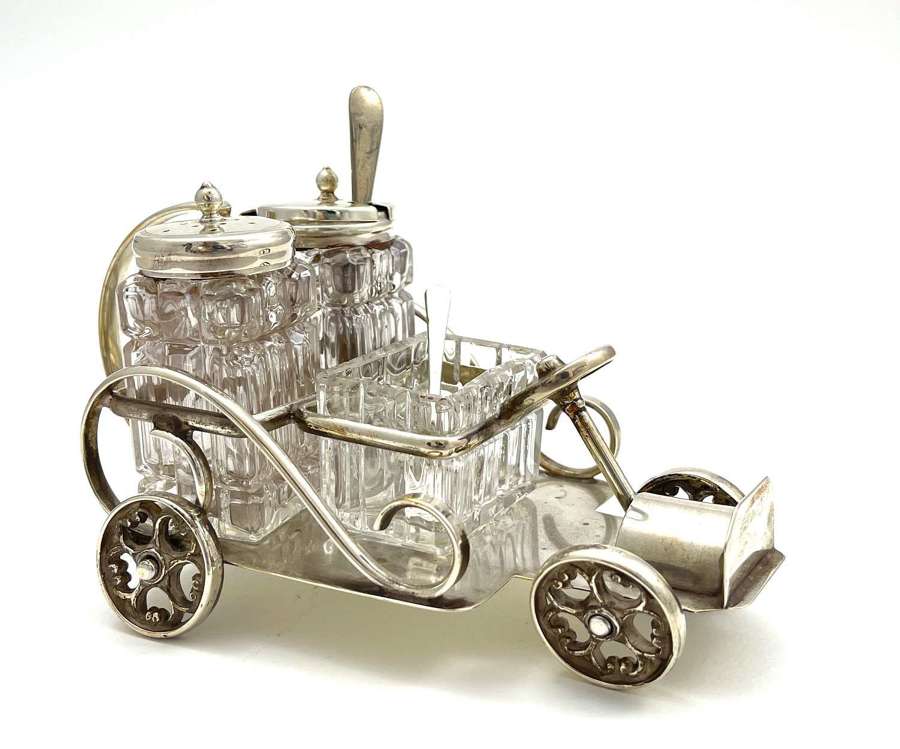 Gorgeous Antique EP Silver Motor Car Trolley Condiments Cruet Set.