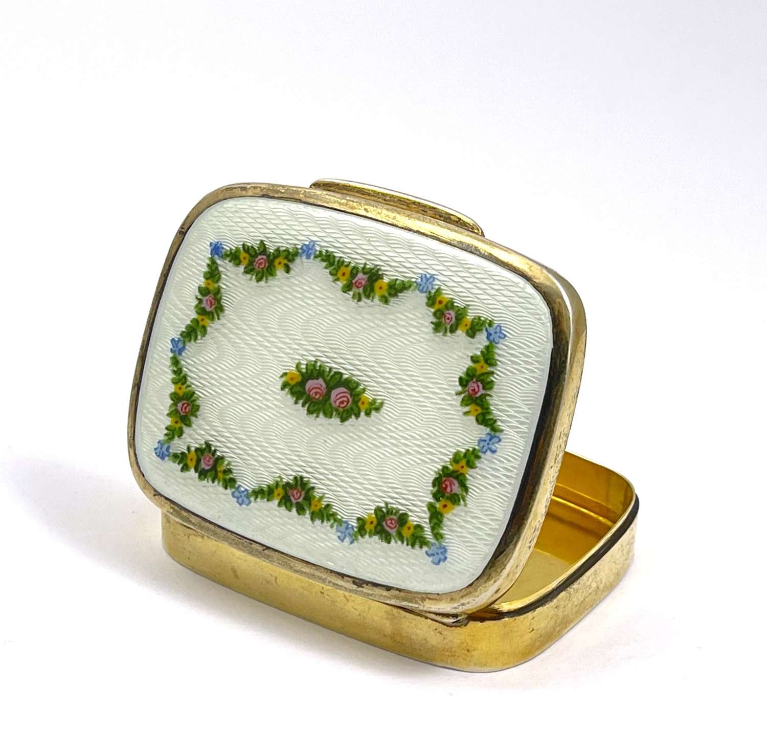 Antique French Guilloche Enamel and Silver Box with Roses