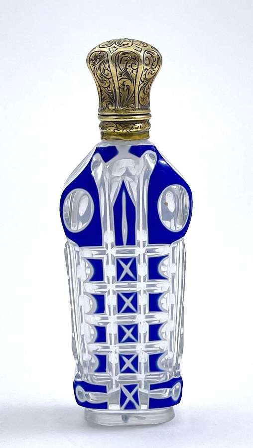 Antique Bohemian Blue and White Overlay Glass Perfume Bottle