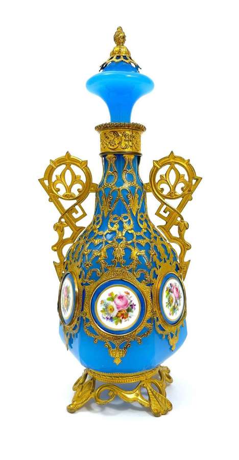 Very Tall Antique Palais Royal Blue Opaline Glass Perfume Bottle