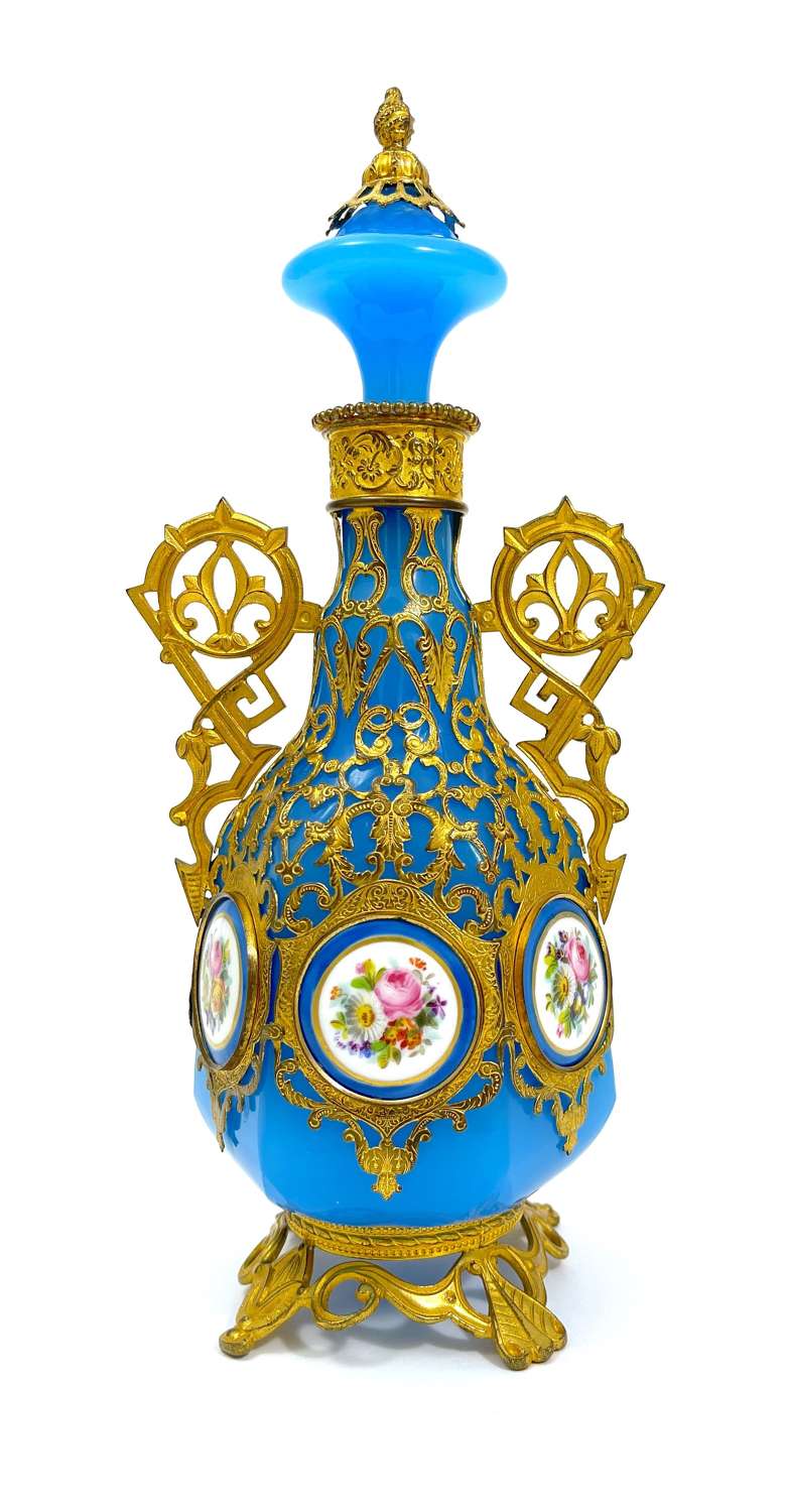 Very Tall Antique Palais Royal Blue Opaline Glass Perfume Bottle