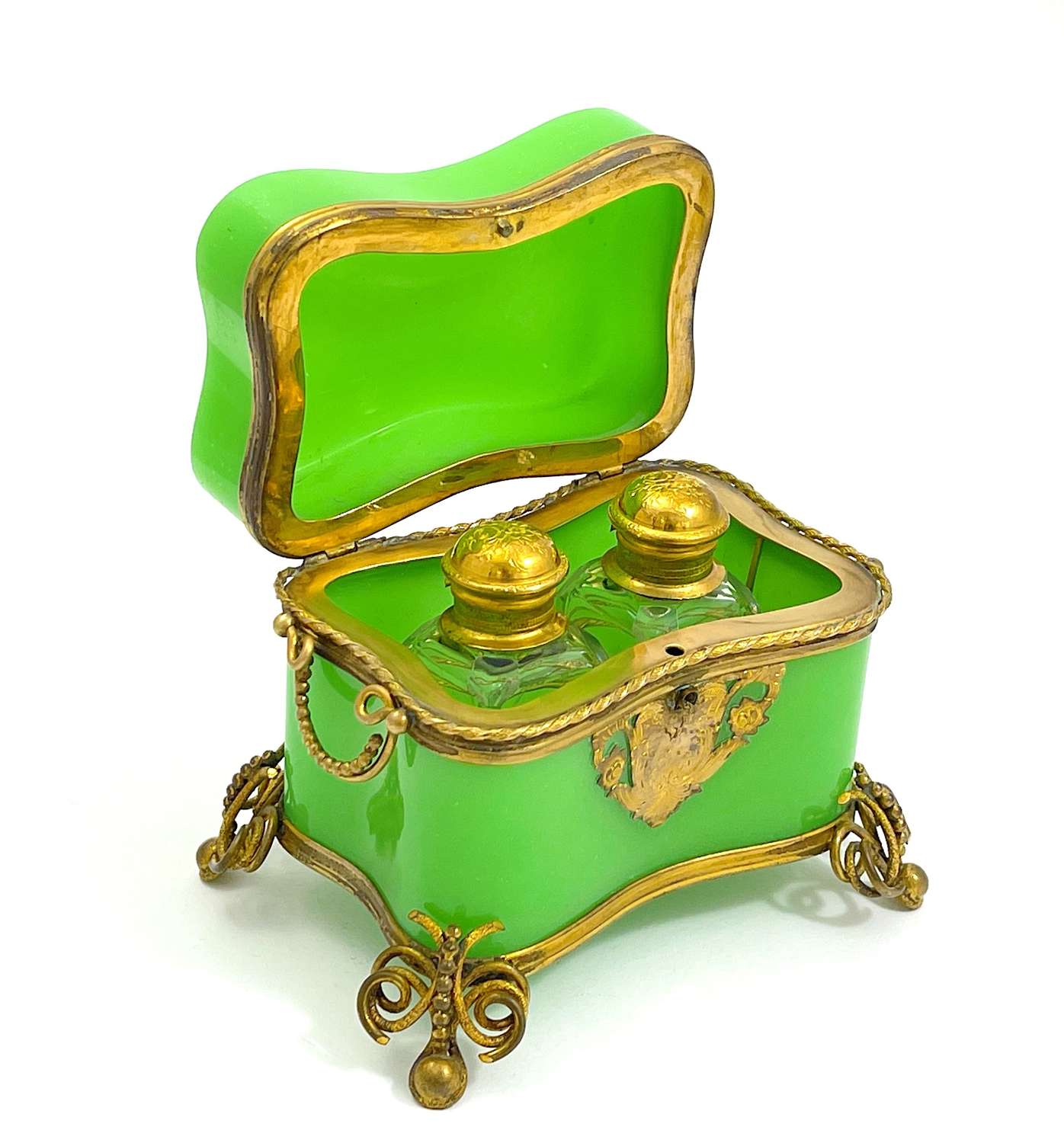 Antique BACCARAT French Green Opaline Glass Perfume Casket