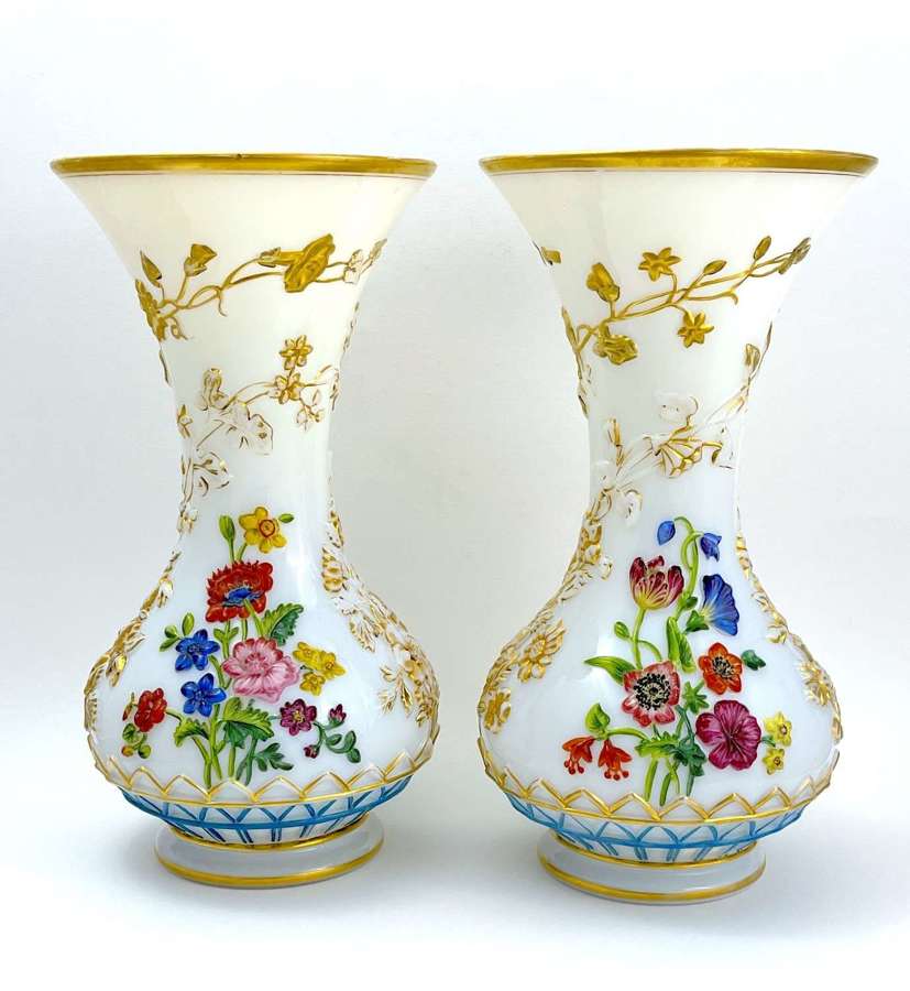 A Rare Pair of Antique Baccarat Opaline Glass Vases