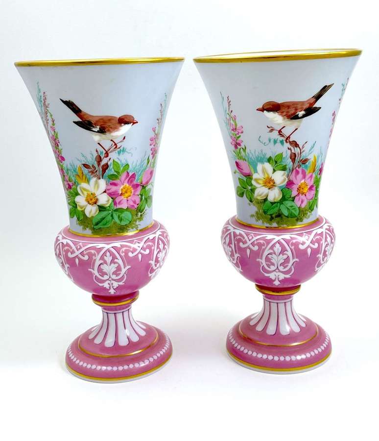 A Pair of Antique Baccarat Pink and White Opaline Glass Vase