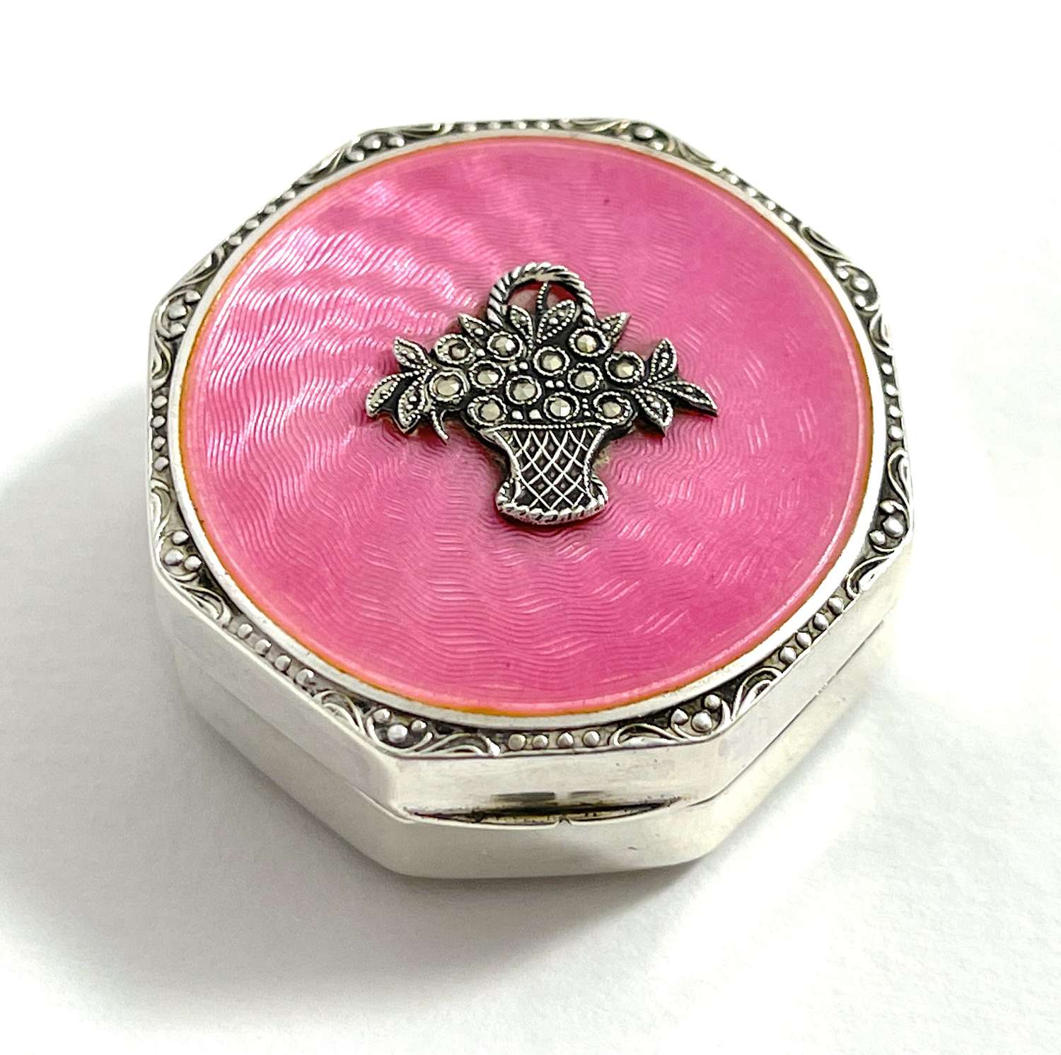 Antique Miniature Silver and Pink Guilloche Enamel Pill Box