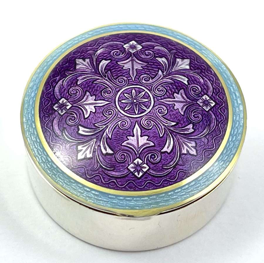 Antique Enamel and Silver Pill Box with Purple Guilloche Enamel Lid