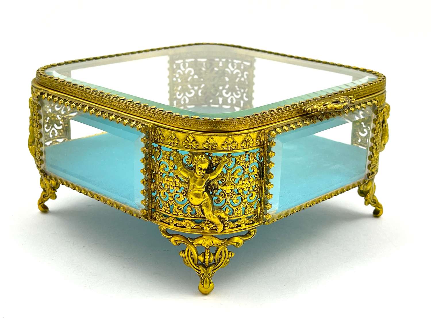 Antique French Crystal and Bronze Jewellery Casket with Cherubs