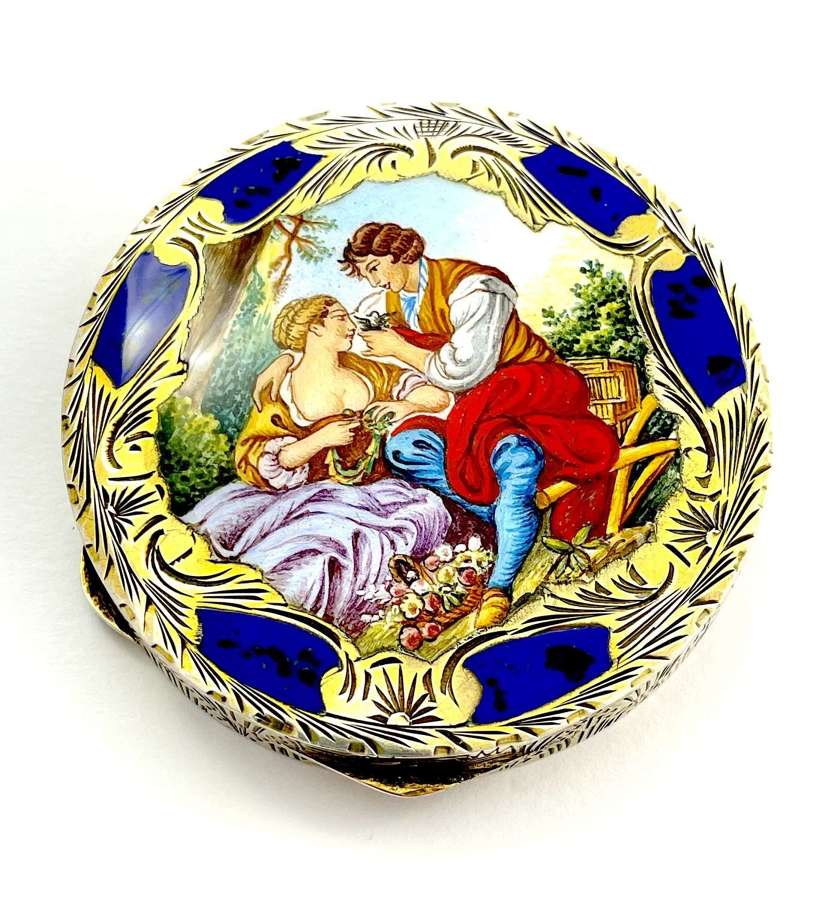 Large Antique Silver and Guilloche Enamel Compact Case.