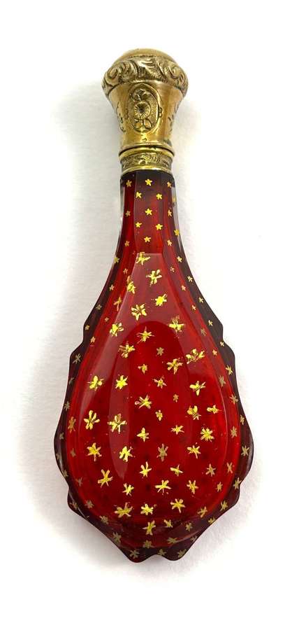 Antique French Ruby Red Glass Perfume Bottle Decorated with Gold Star