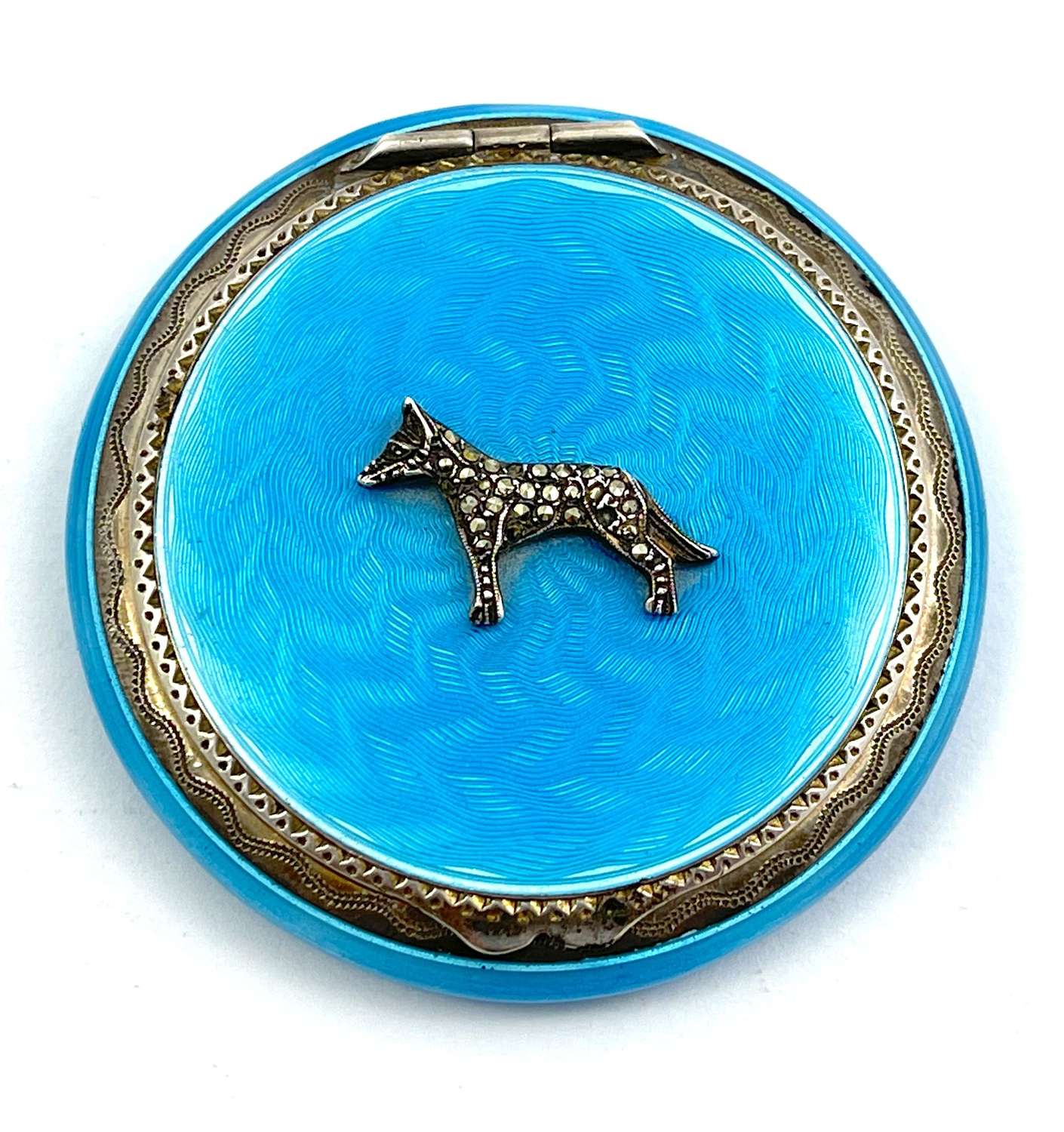Antique French Guilloche Enamel Compact Case with 'Diamante' Dog