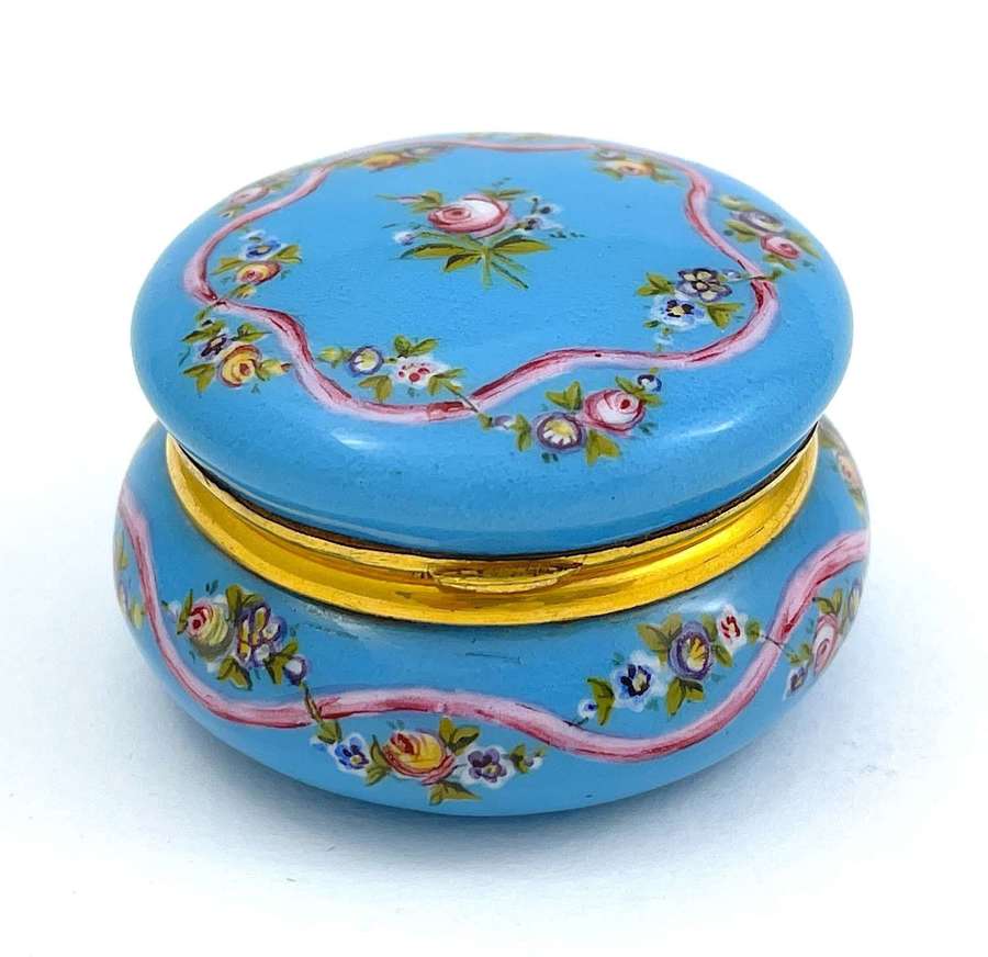 Antique French Blue Enamelled Pill Box with Pink Roses