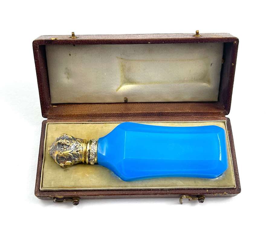 Antique French Blue Opaline Glass Perfume Bottle & Case
