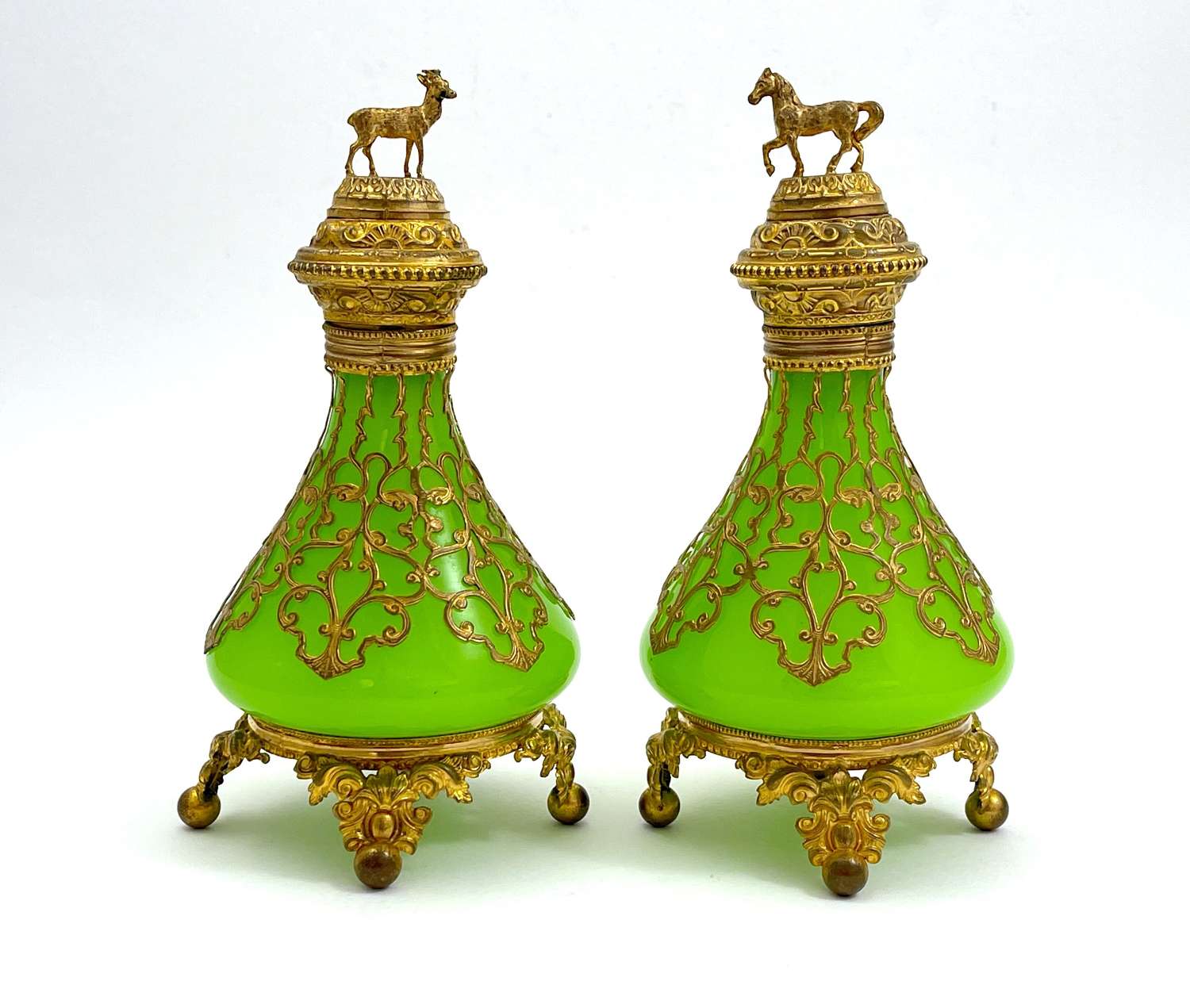 A Pair of Large Antique Palais Royal Green Opaline Perfume Bottles