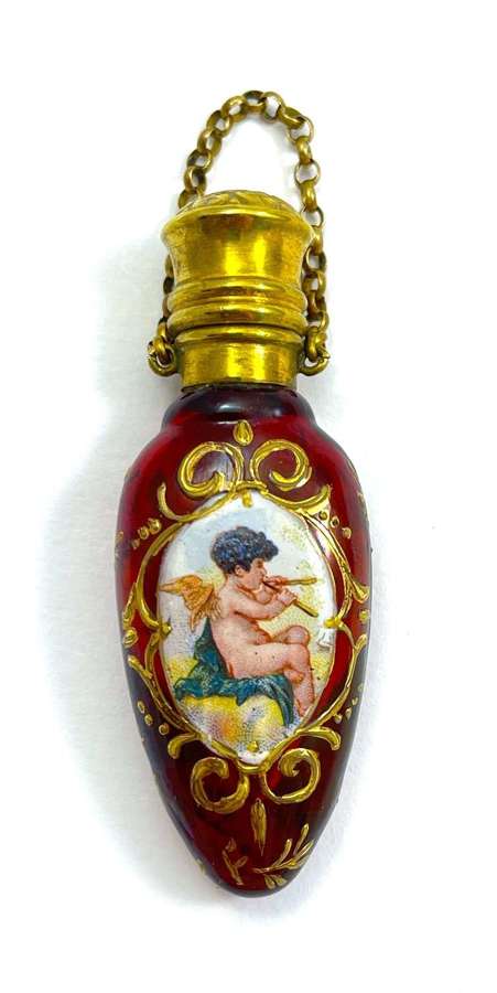 Antique MOSER Cranberry Red Perfume Bottle Chatelaine with Cherub