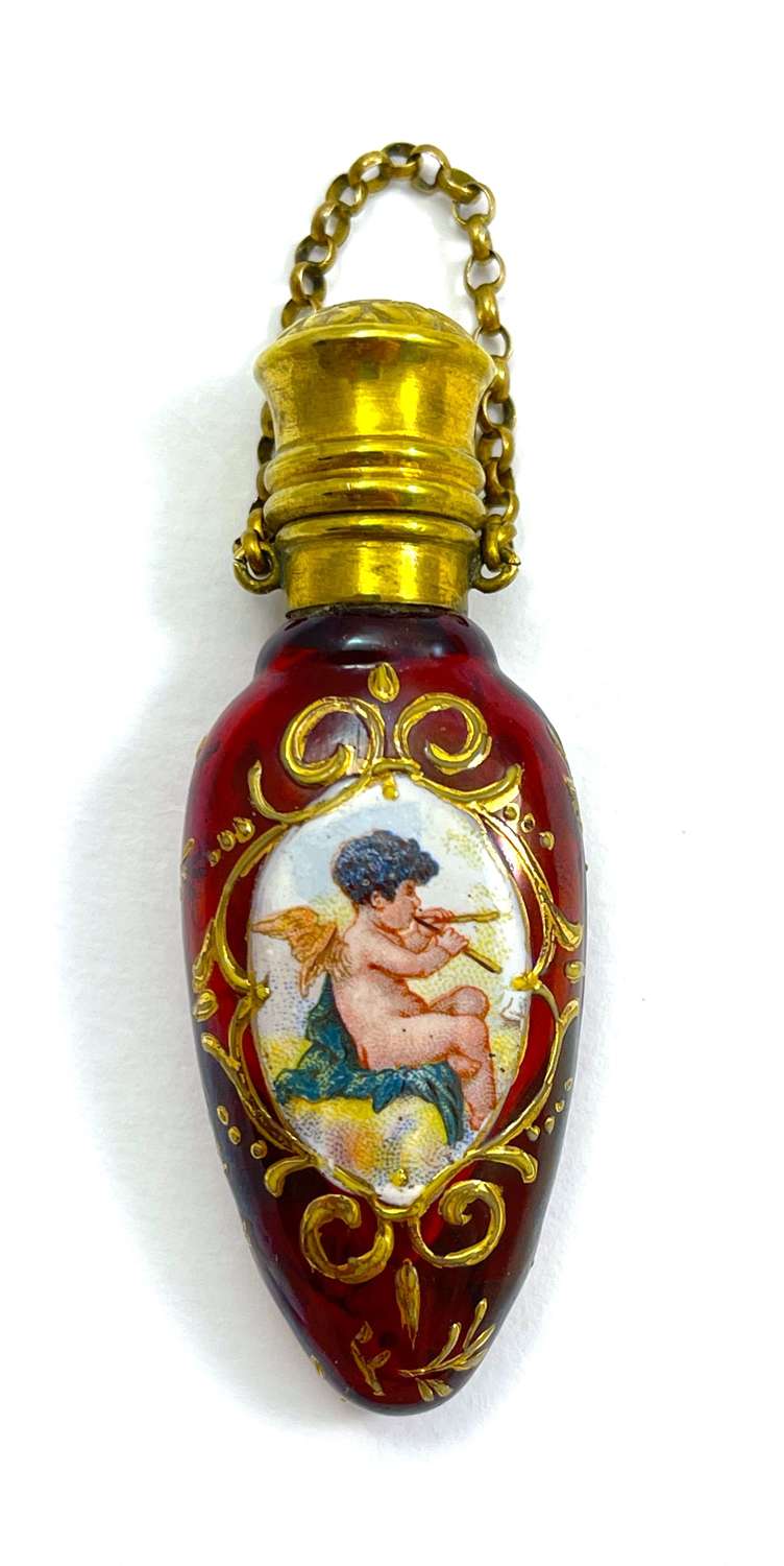 Antique MOSER Cranberry Red Perfume Bottle Chatelaine with Cherub