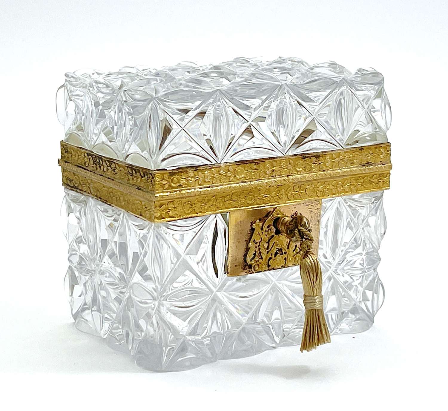 Antique French Cut Crystal Casket with Flower and Diamond Pattern.