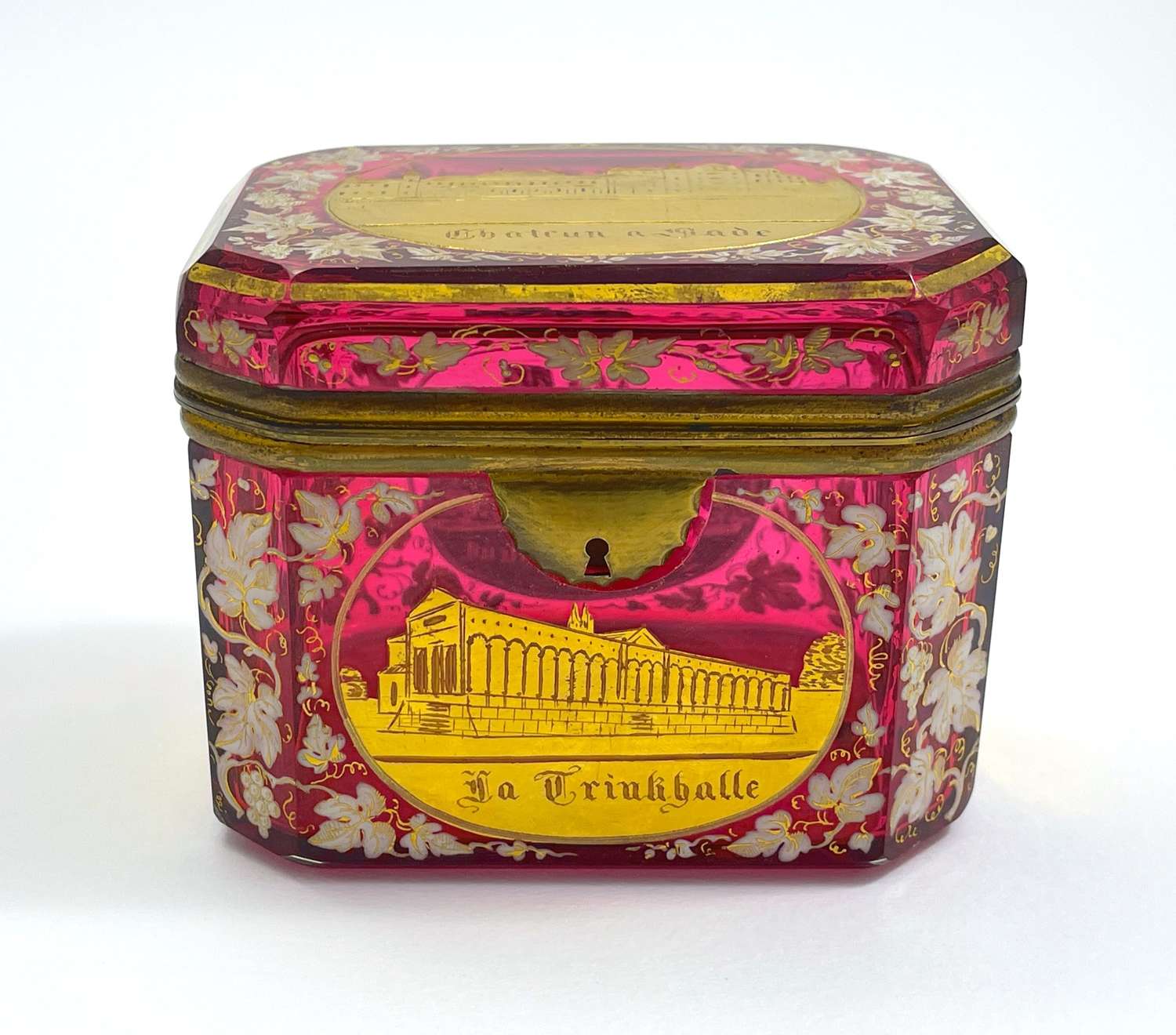 Antique Bohemian Cranberry Pink Enamelled Overlay Glass Spa Casket Box