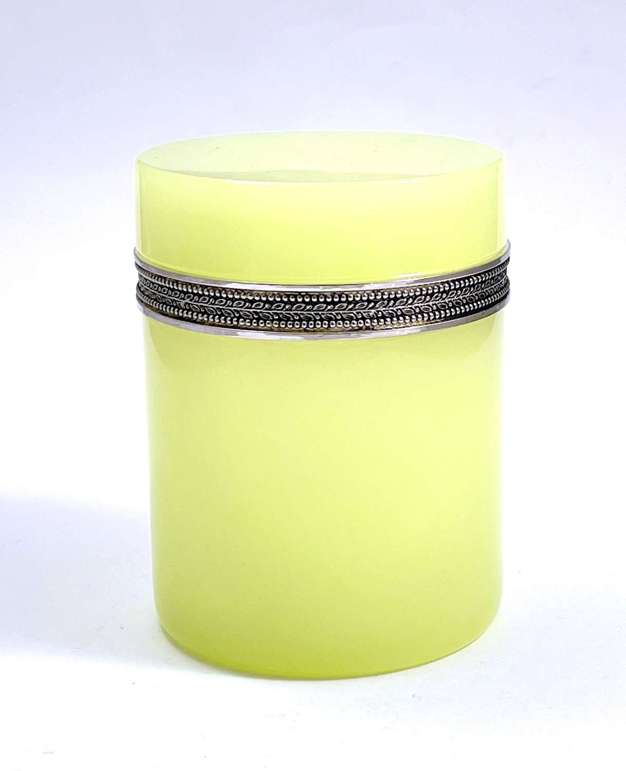 Antique Lemon Yellow Opaline Glass Cylindrical Box and Cover