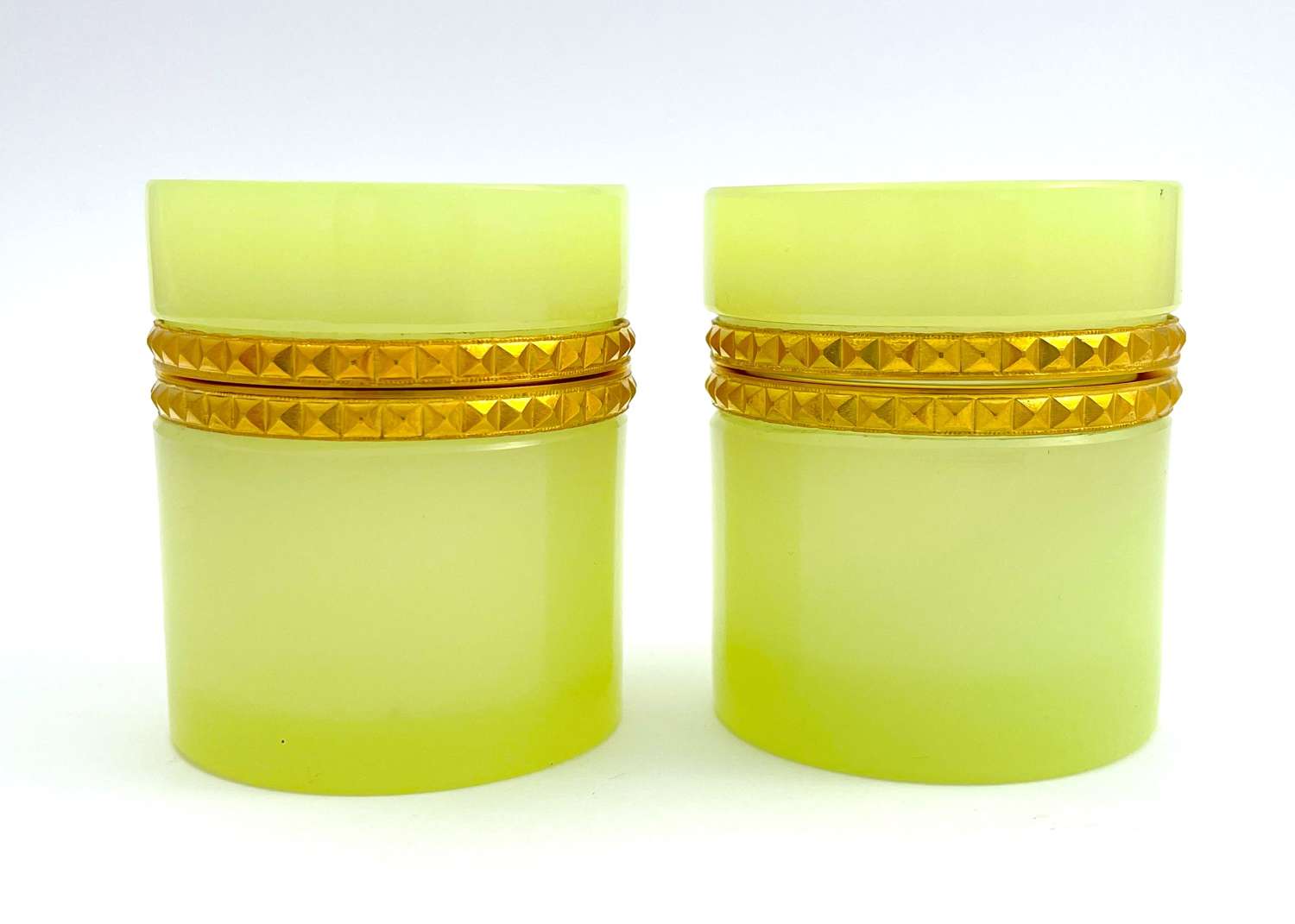 Pair of Small Antique Yellow Opaline Glass Cylindrical Caskets