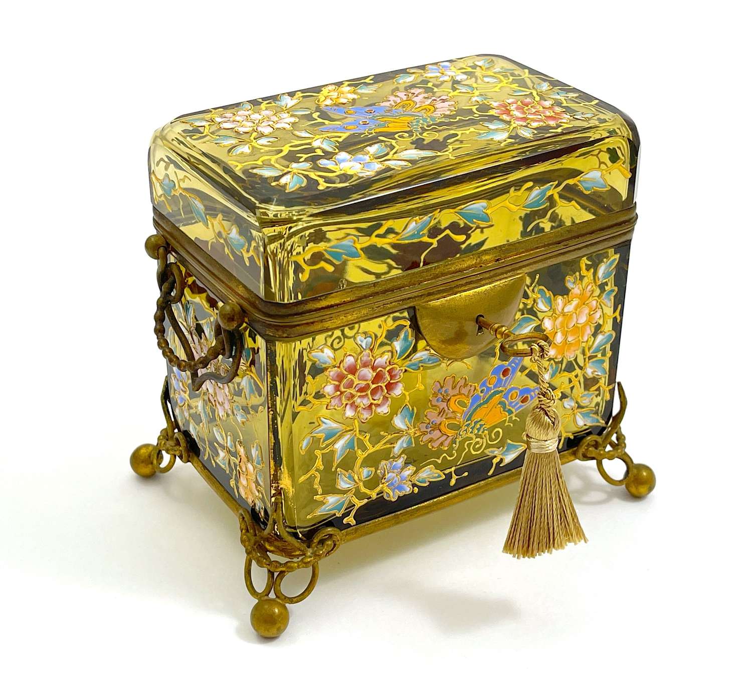 Antique MOSER Bohemian Amber Glass Casket Box with Butterflies
