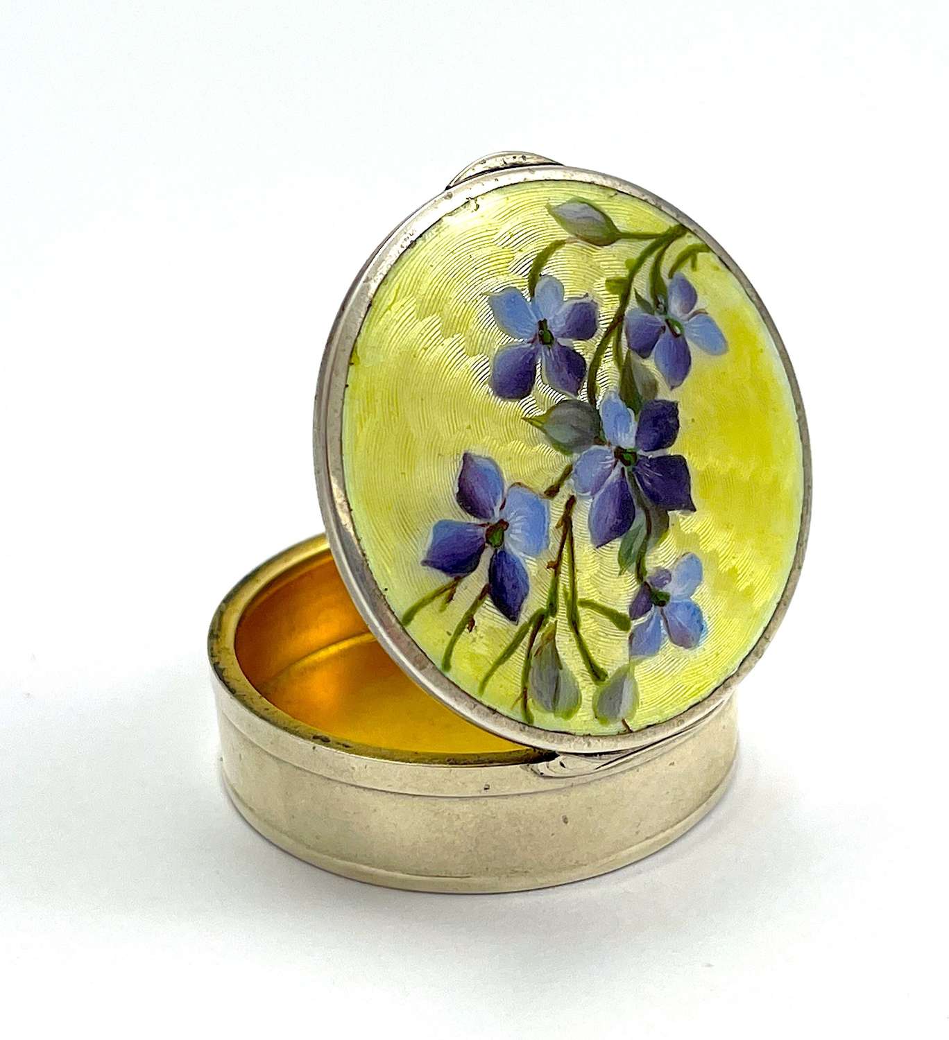 Antique Yellow Guilloche Enamel Pill Box Decorated with Violets