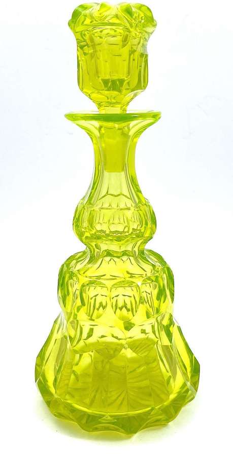 Very Large Antique Uranium Cut Glass Bell Shaped Bottle and Stopper.